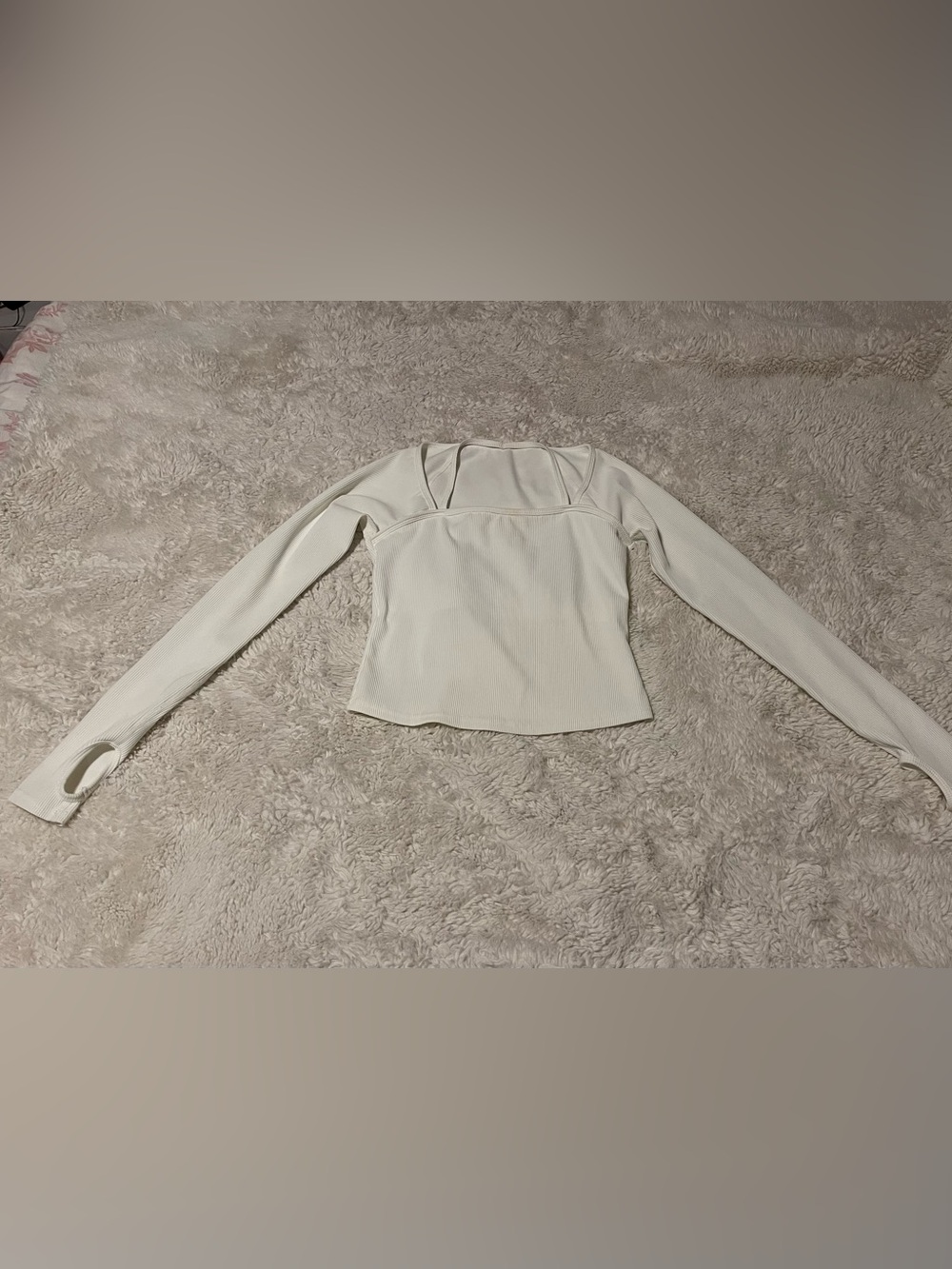 Ribbed Layered Long Sleeve Top Built In Bra Thumbholes Square Neck White XS S